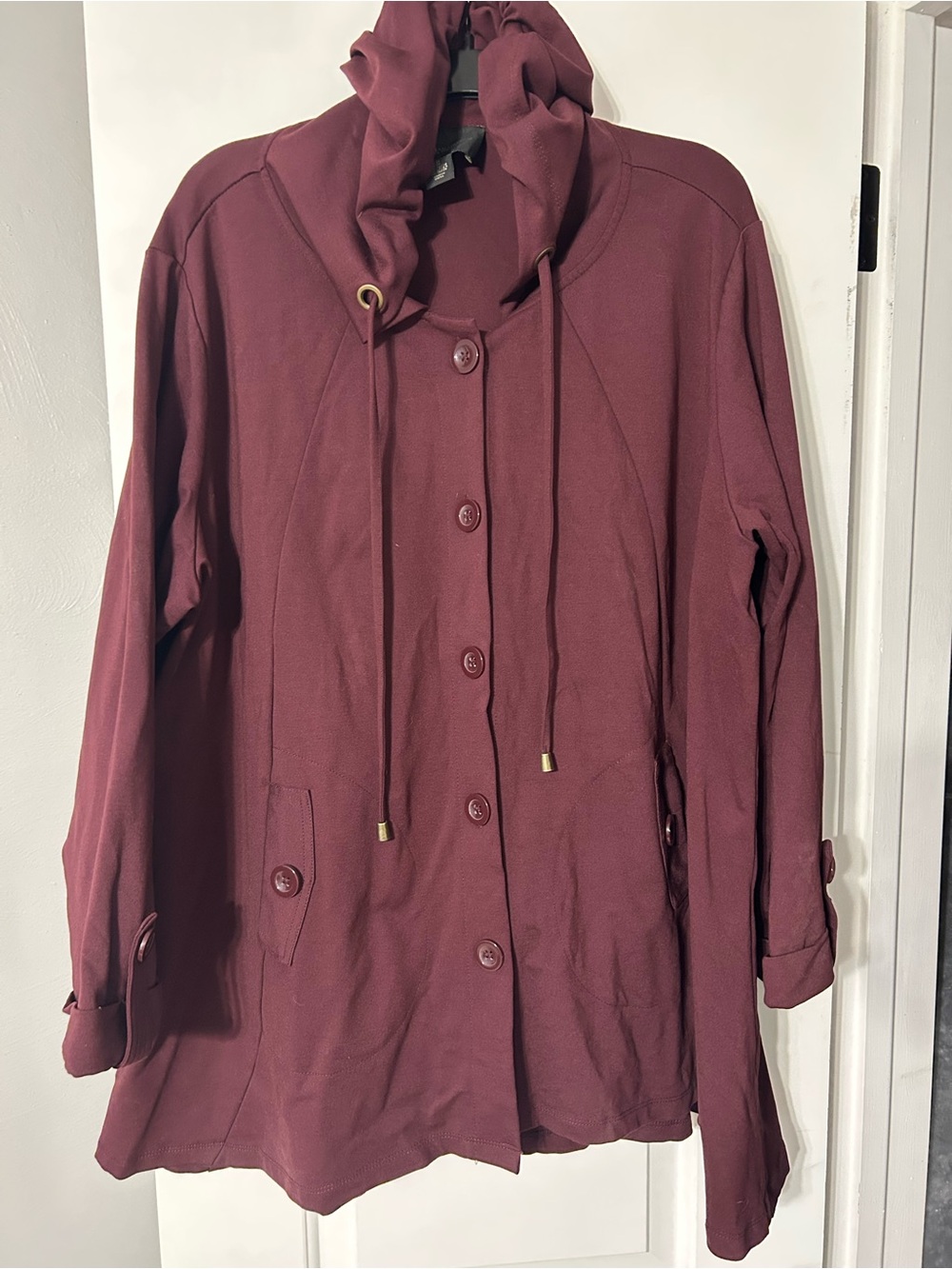 Christian Siriano Wine Button-Up Hooded Trench Coat